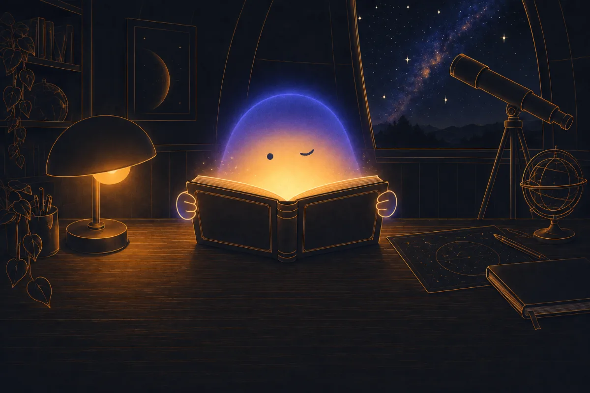 望遠鏡と天球儀が並ぶ部屋で、星空の窓を背に本をひらくヤコウ